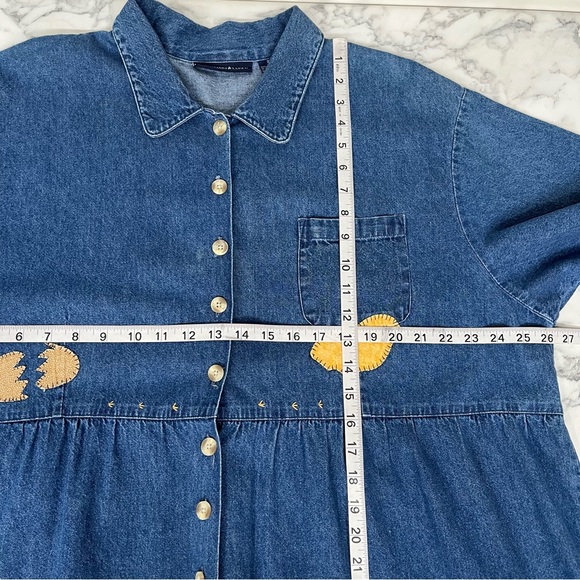 Vintage 90’s denim maxi jumper dress country chicken rooster patchwork appliqués - Picture 7 of 14